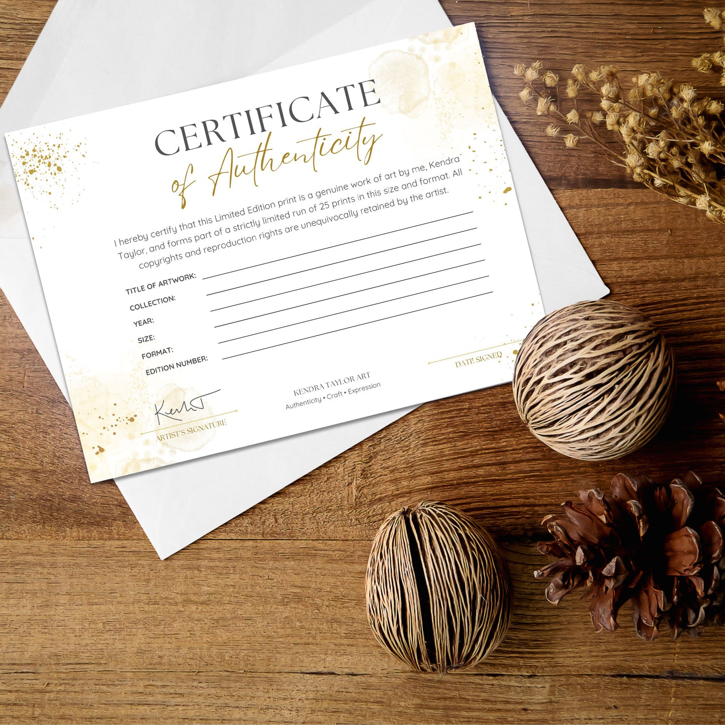 Certificate of Authenticity on a wooden surface with decorative elements