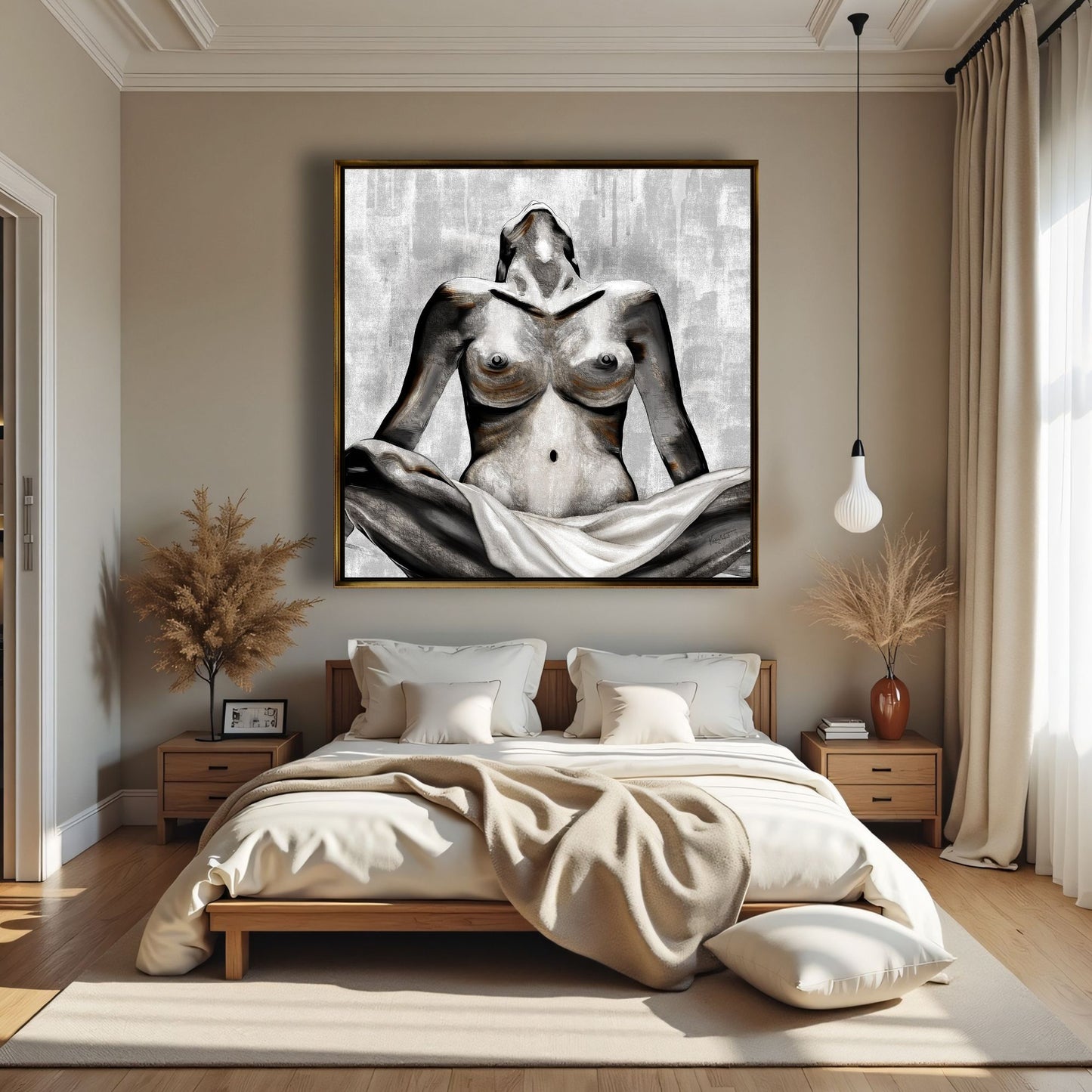 Unapologetic Strength figurative artwork displayed in a calm bedroom with neutral tones