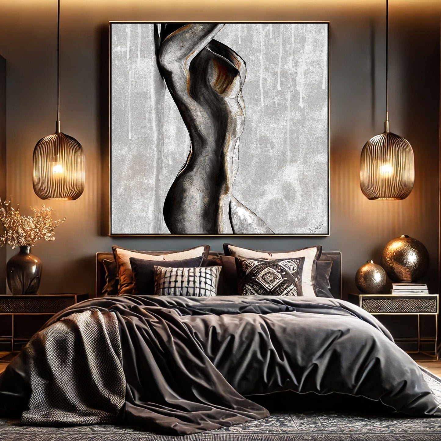 Body as Sanctuary figurative artwork shown in a softly lit modern bedroom