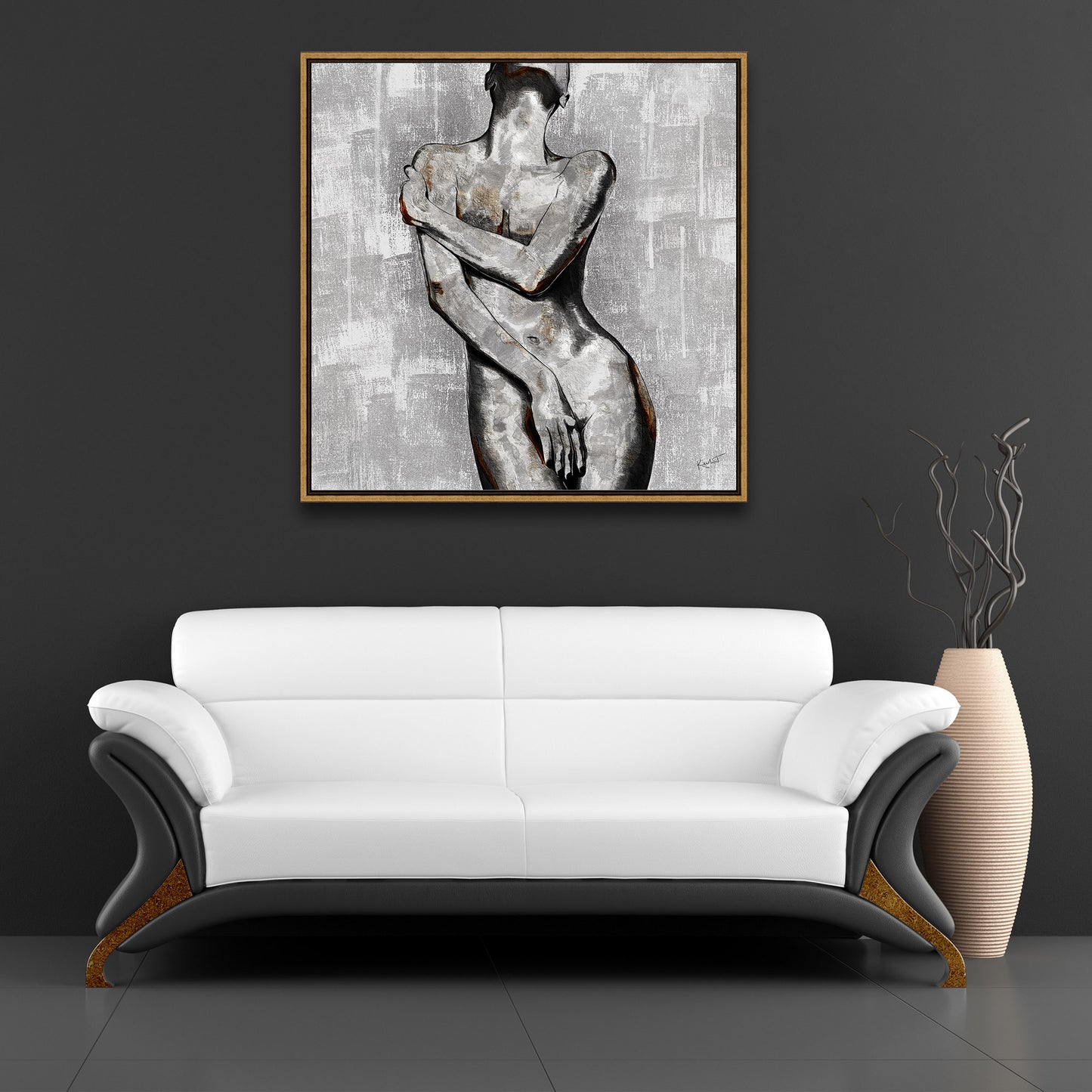 Contemporary Figurative Fine Art Painting | Fearless Vulnerability by Kendra Taylor Art, part of the Bare Confidence Chronicles Collection Shown in Neutral Living Room