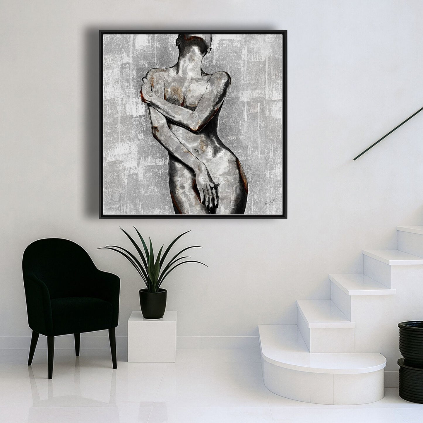Minimalist interior featuring a figurative artwork with a calm, grounded presence