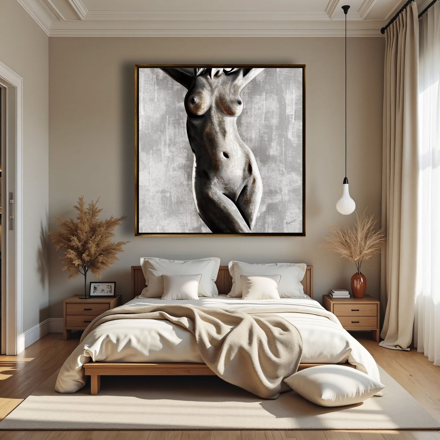 Courage in the Flesh figuarive artwork shown in a softly lit bedroom