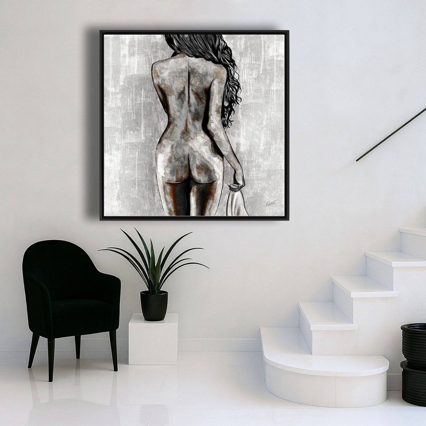 Minimalist interior featuring a figurative artwork with a calm, grounded presence