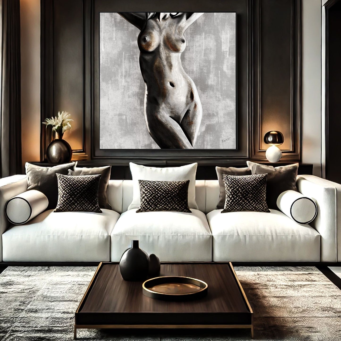 Figurative artwork displayed in a neutral interior with natural textures and natural light