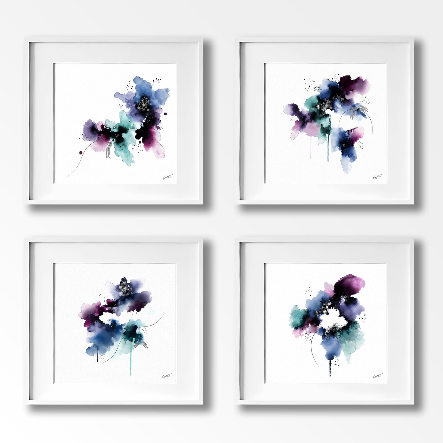 A Year Unfolds – Winter – four abstract artworks shown together as a seasonal gallery wall set