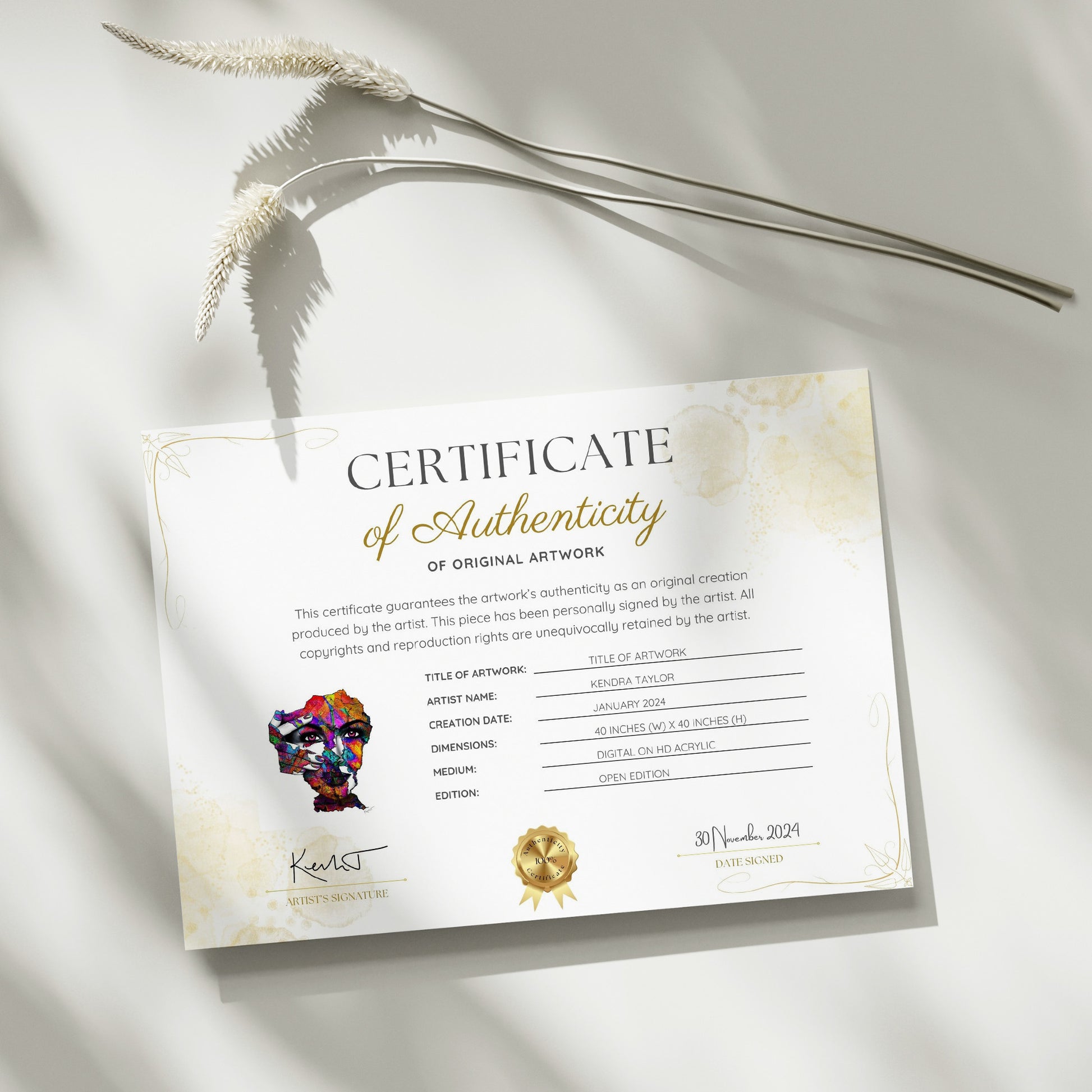 Certificate of Authenticity -Kaleidoscope Collection - Kendra Taylor Art