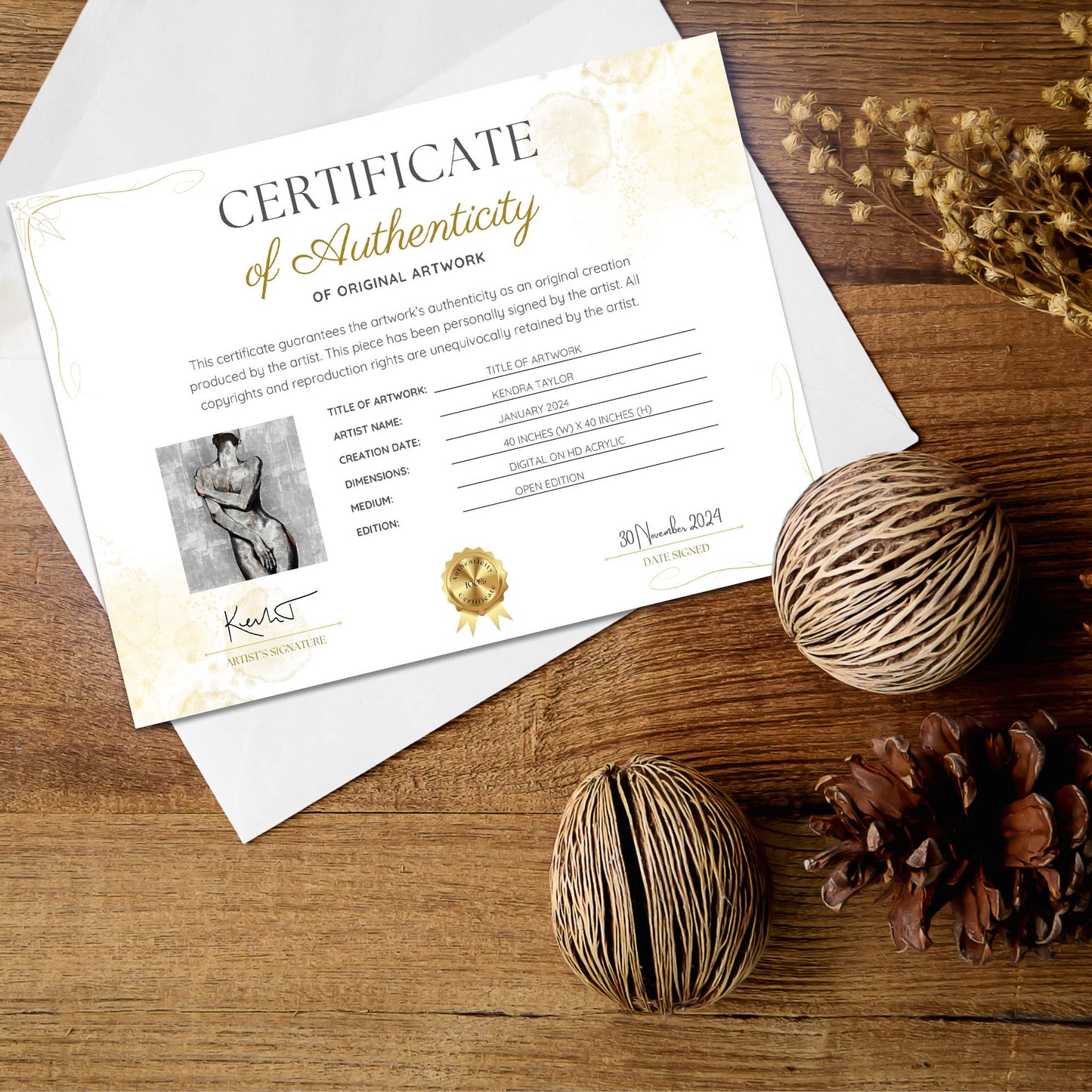 Certificate of Authenticity -Bare Confidence Chronicles Collection - 
 by Kendra Taylor Art