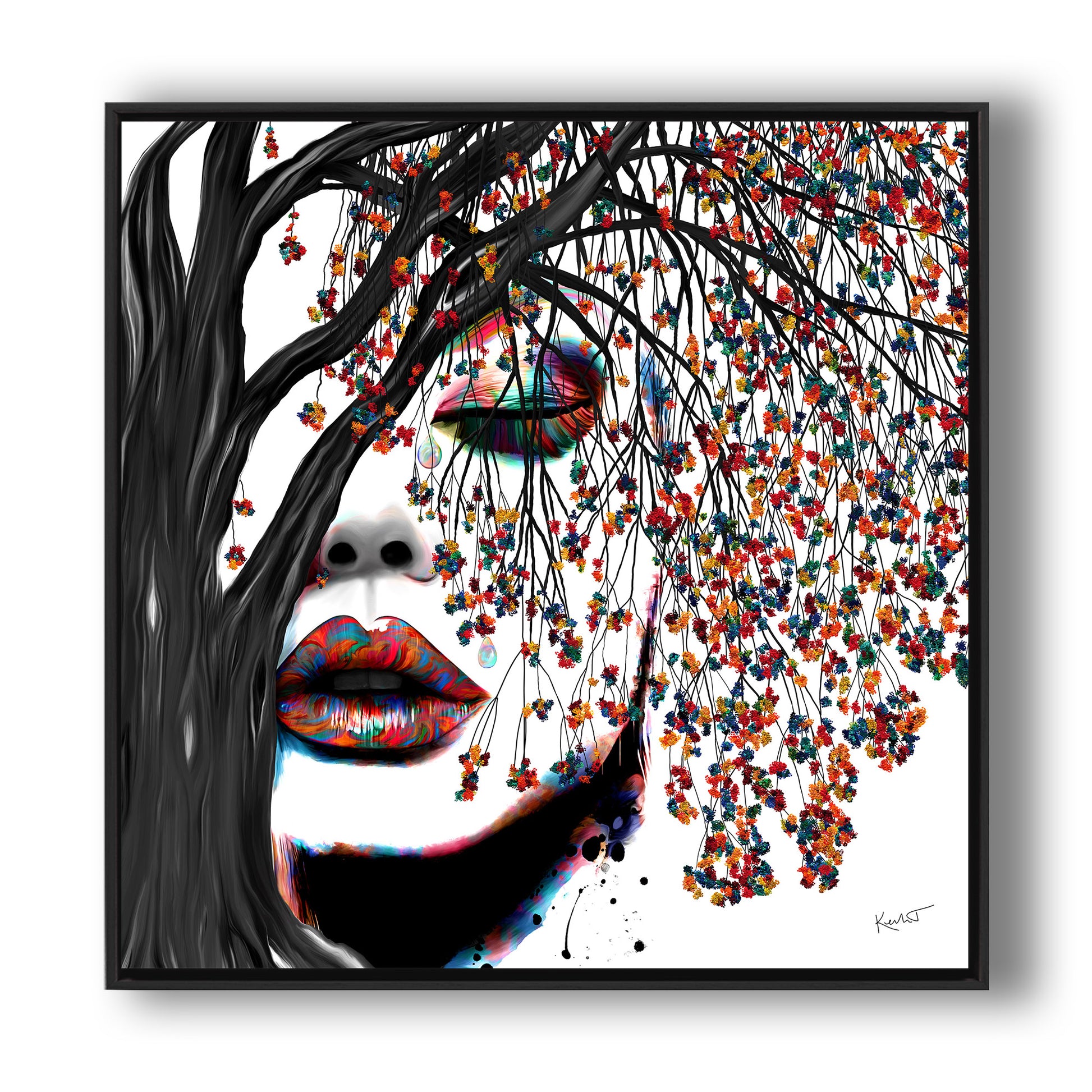 Colorful abstract art piece with a face and floral elements