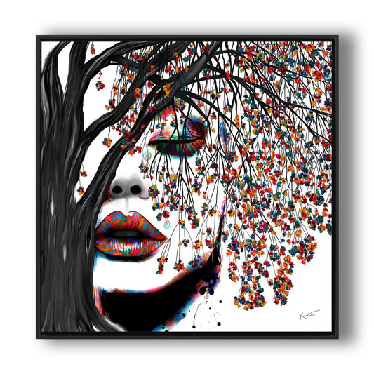 Colorful abstract art piece with a face and floral elements