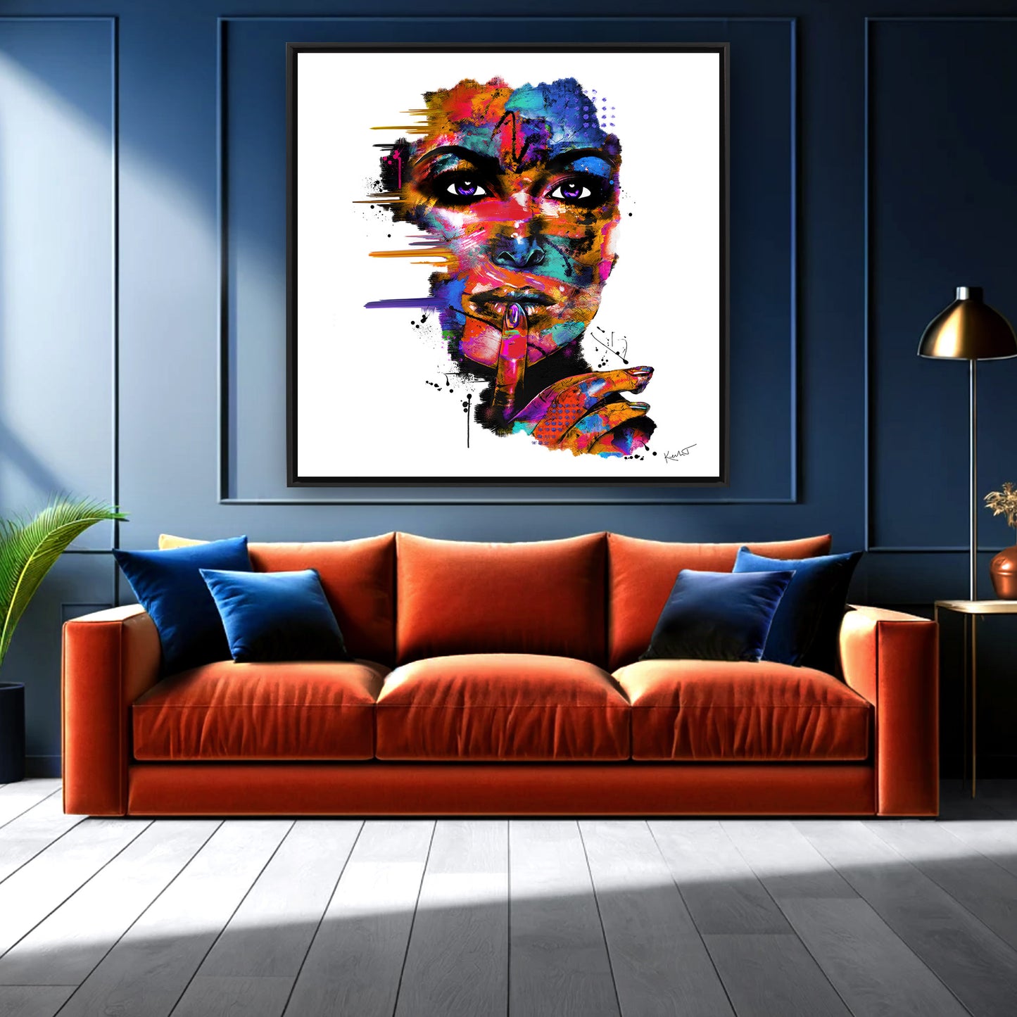 Modern Abstract Figurative Fine Art Painting | Altered Interpretations | Shown hanging in room with blue and orange interior