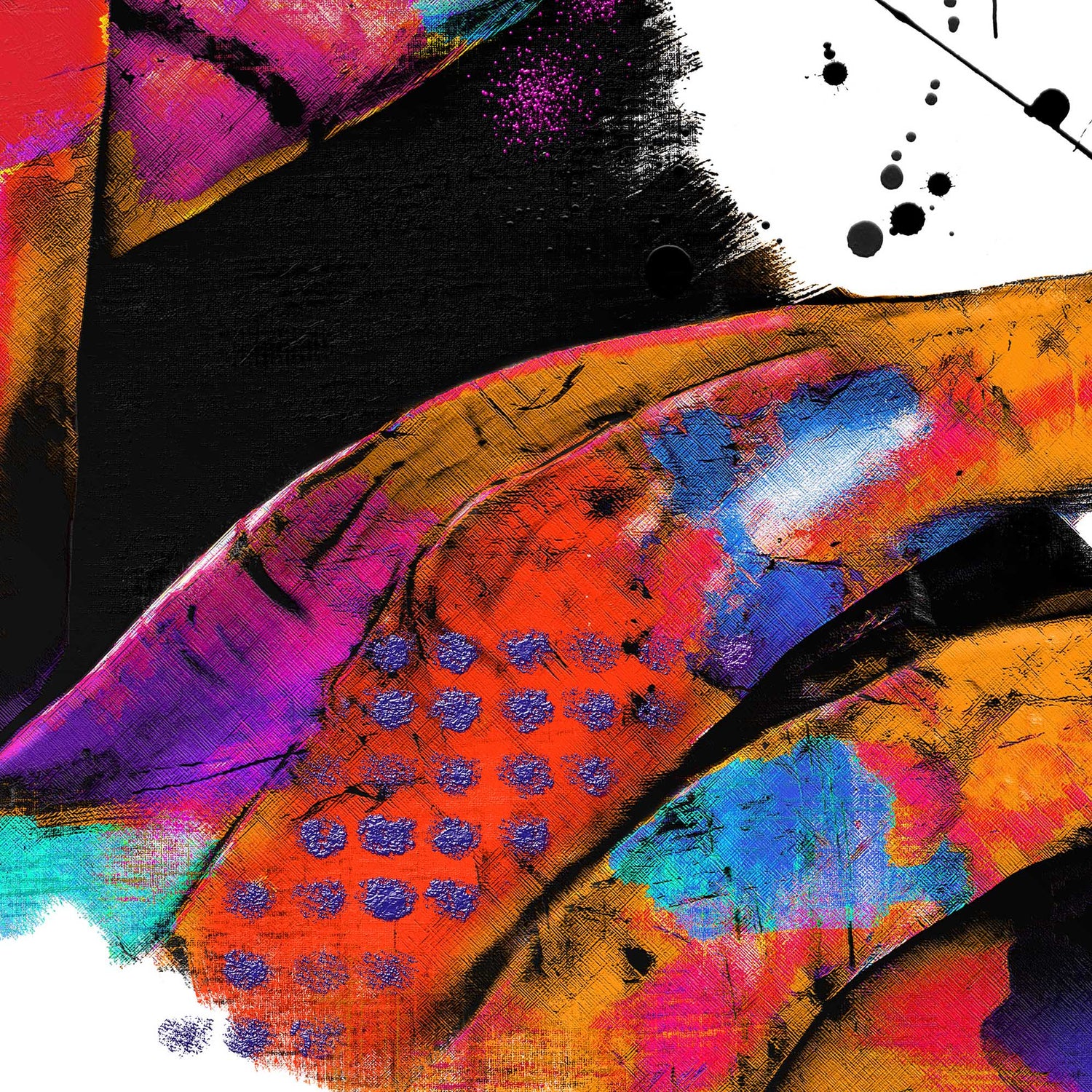 Close-up of expressive colour layers and textures in Altered Interpretations abstract portait art