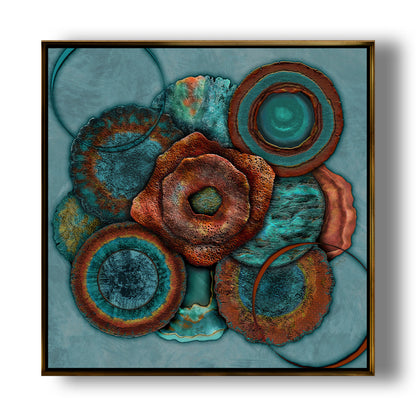 Rust, teal and aqua abstract artwork with layered circular forms inspired by water movement and mineral tones.