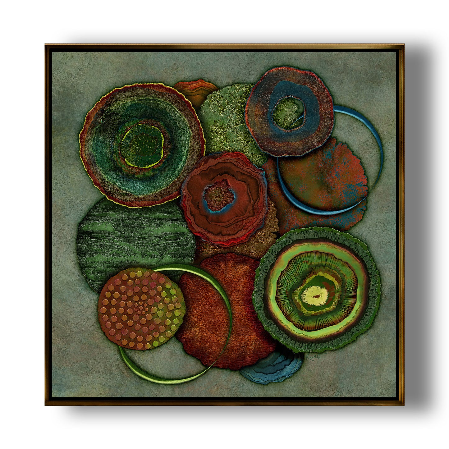 Earthy abstract artwork in forest green and rust with textured circular forms echoing roots and natural renewal.