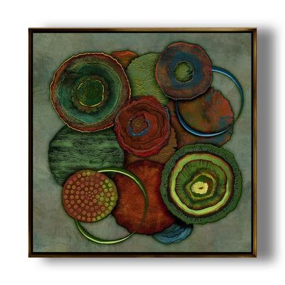 Earthy abstract artwork in forest green and rust with textured circular forms echoing roots and natural renewal.