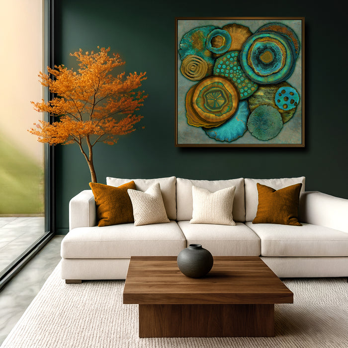 The Memory of Earth abstract artwork displayed in a neutral living room with natural textures
