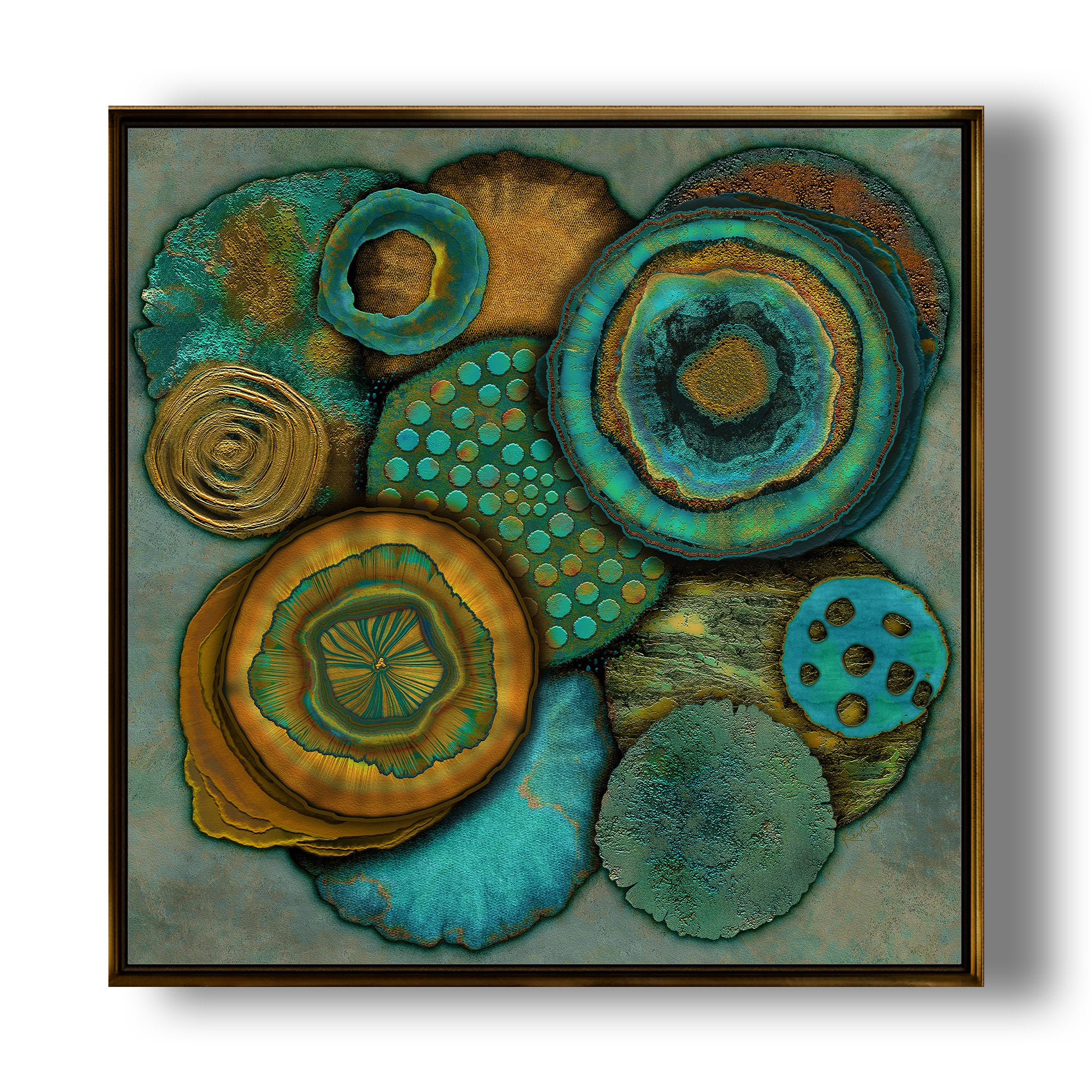 The Memory of Earth abstract artwork in ochre, greens and teal with layered organic textures inspired by earth and natural growth.