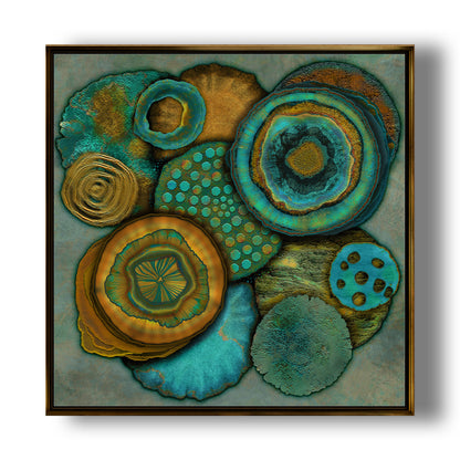 Circular abstract artwork in ochre and teal with layered organic textures inspired by earth and natural growth.