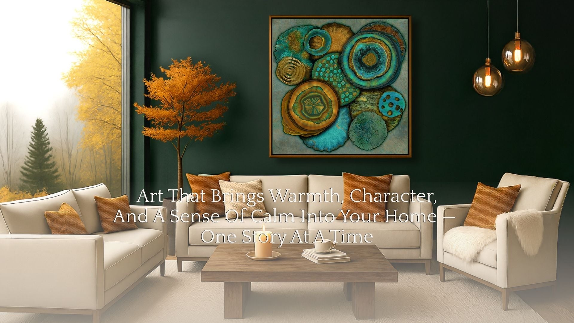 Contemporary abstract artwork in a warm, neutral living room interior featuring earthy tones, natural textures, and soft autumn light