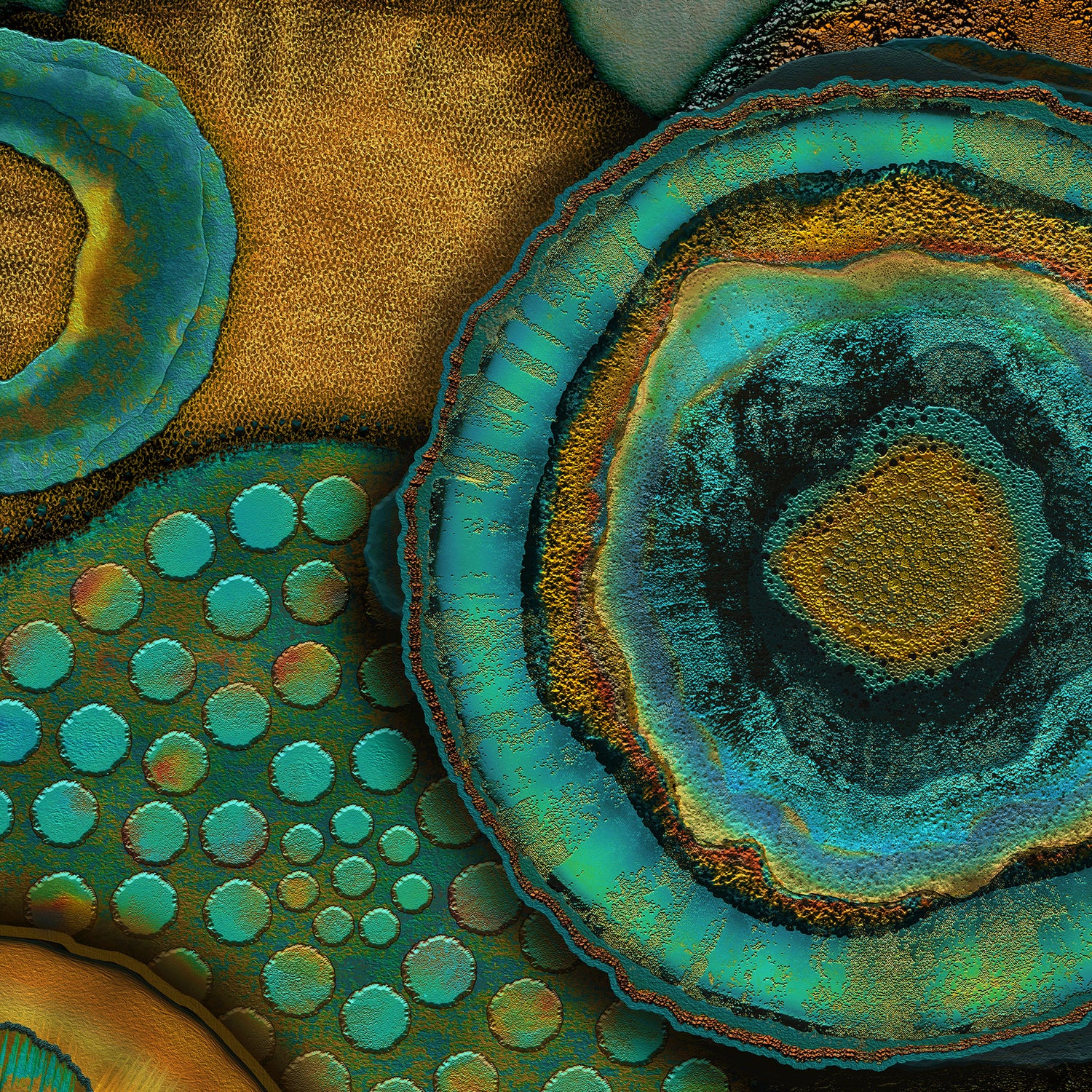 Close-up abstract art detail of layered textures, green and copper accents in The Memory of Earth 