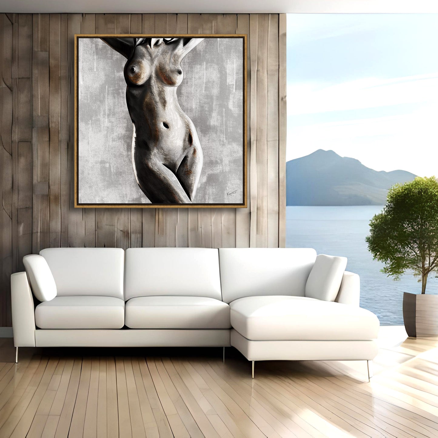 Unique Modern Female Figure Painting | Courage in the Flesh shown in neutral living room.