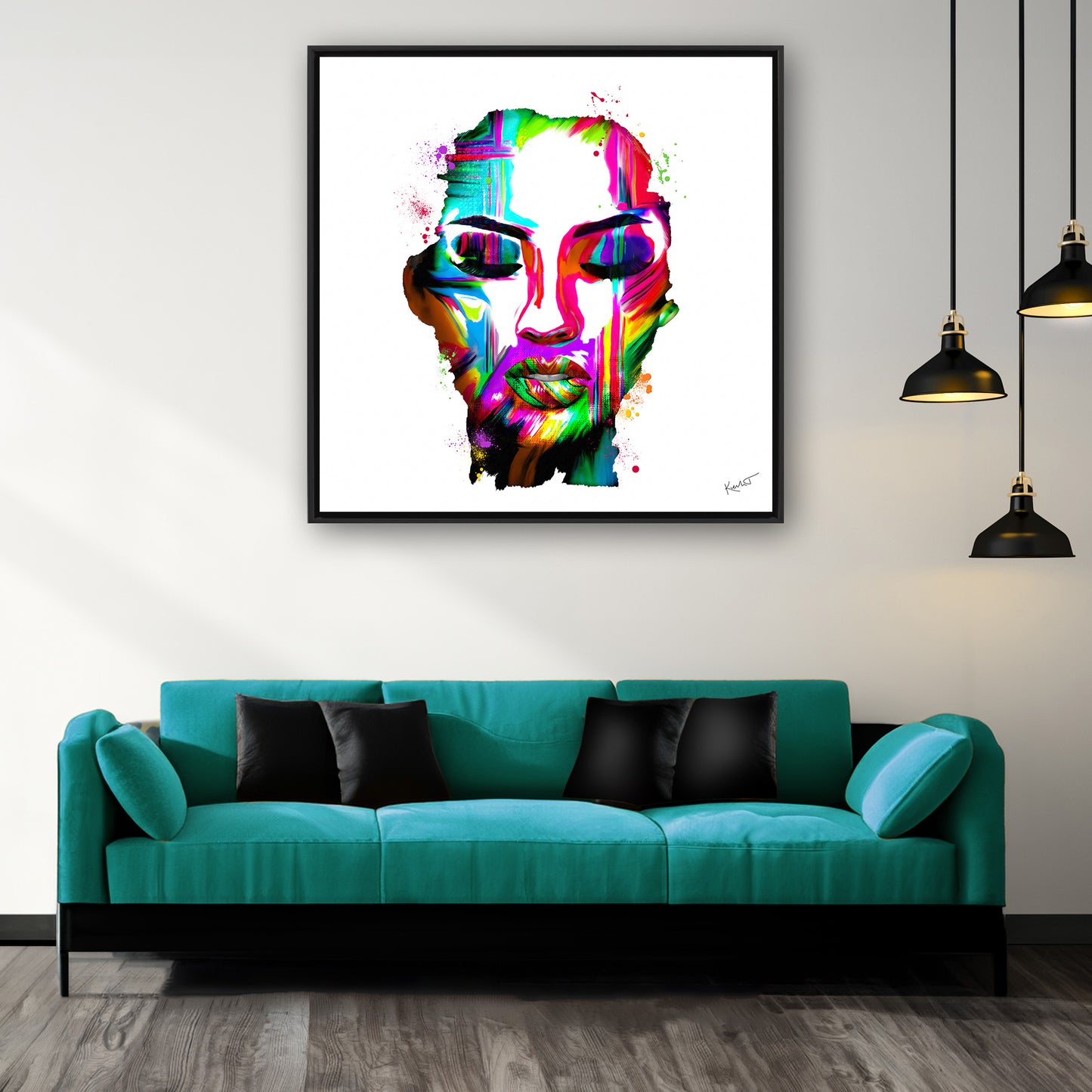 Vibrant Abstract Figurative Fine Art Painting | Seeing Unseen Shown in Room with Teal Accent Sofa