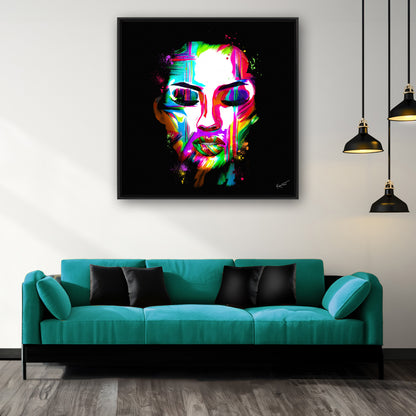 Vibrant Abstract Portrait Fine Art Painting | Seeing Unseen 2 Shown in Room with Bold Teal Accent Sofa