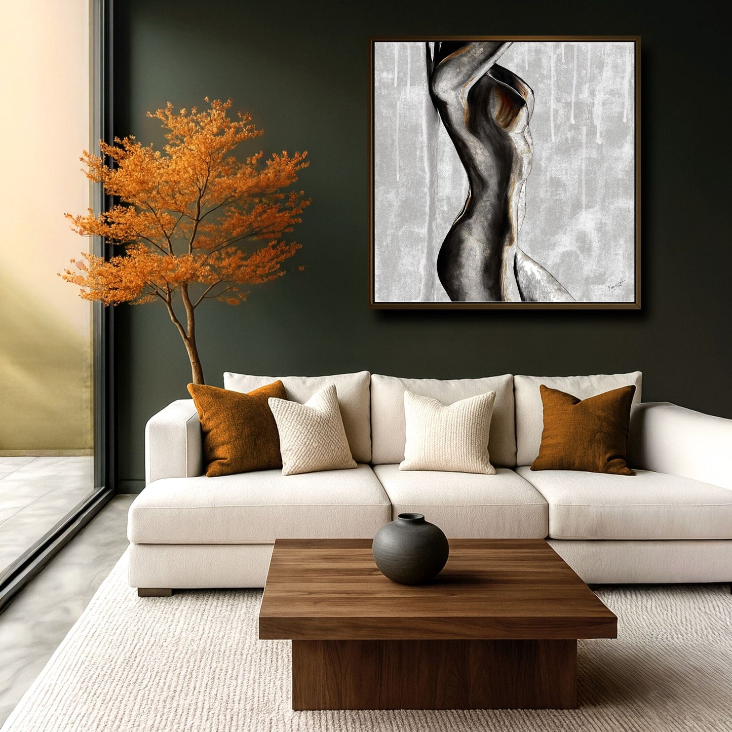 Body as Sanctuary figurative artwork displayed in an earth-toned interior with natural light
