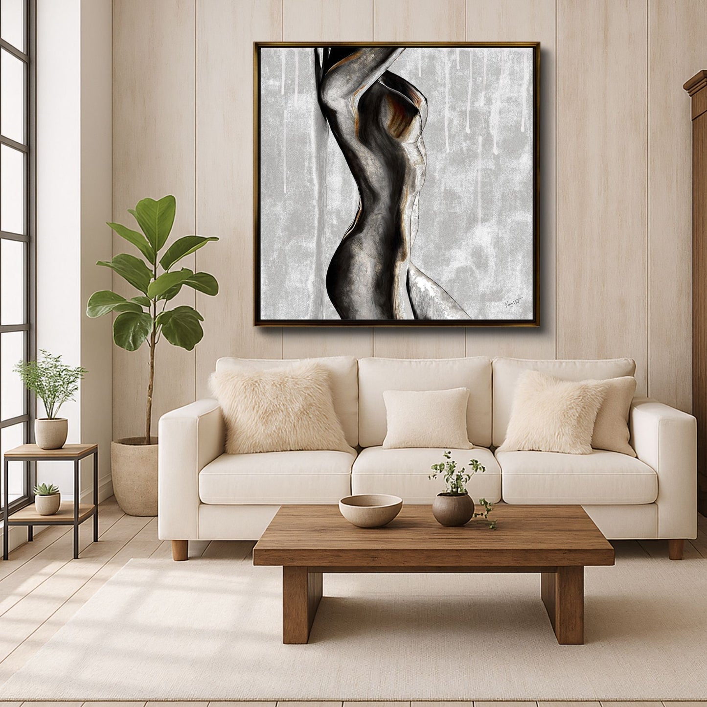 Body as Sanctuary figurative artwork displayed in a calm living room with neutral tones