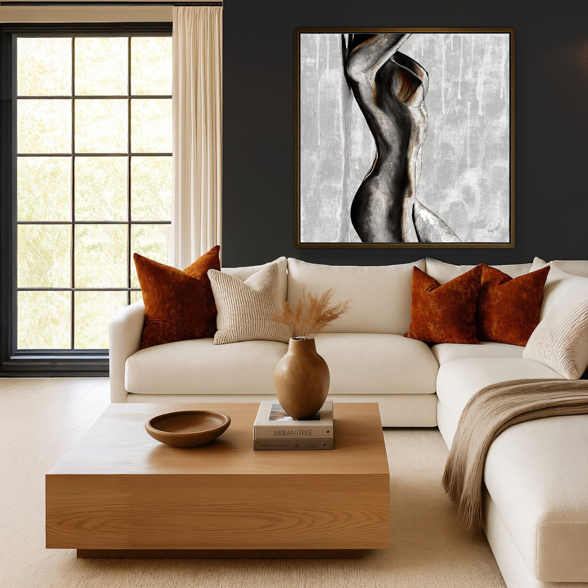 Body as Sanctuary female figure art displayed in a calm living room with neutral tones and warm accents