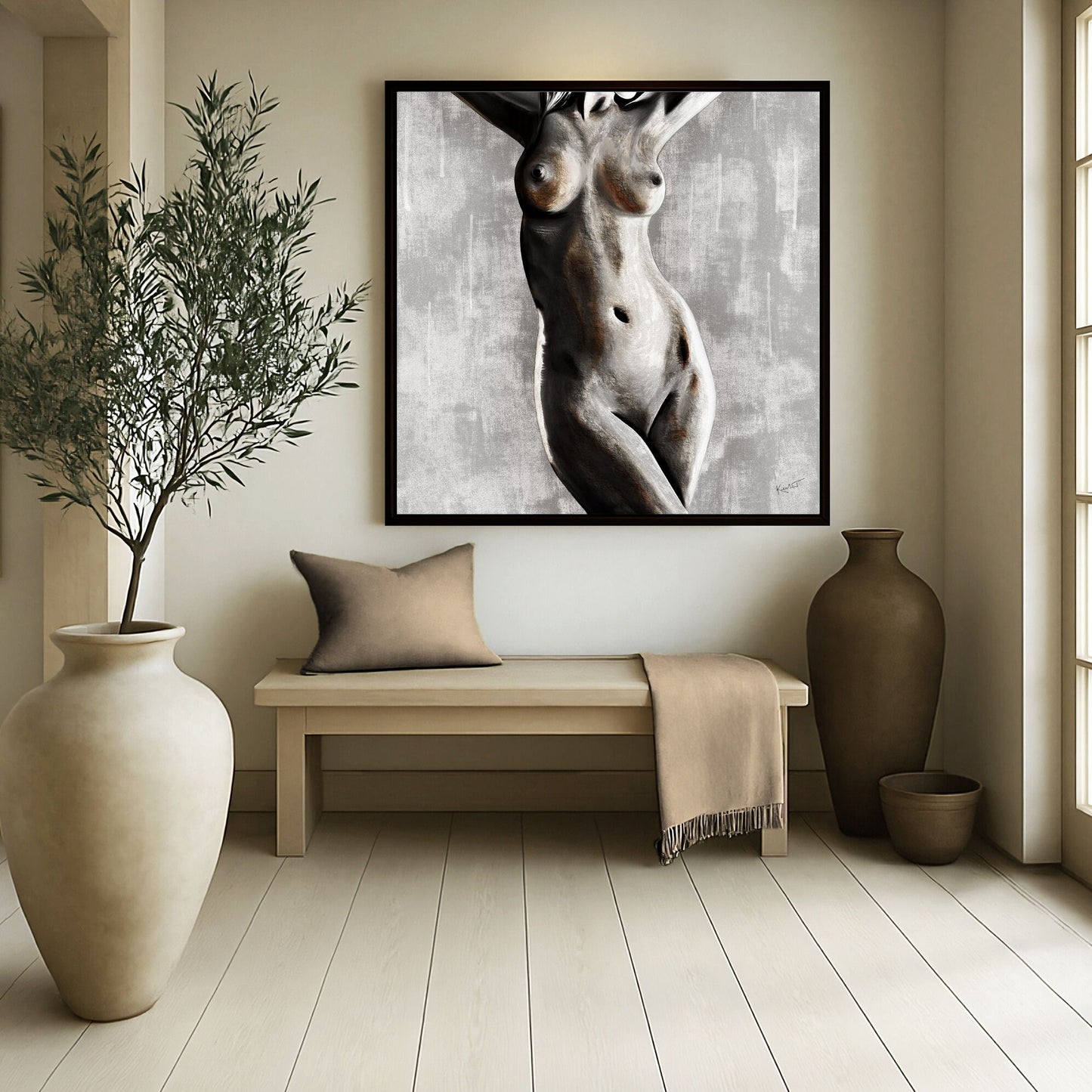 Courage in the Flesh figurative artwork shown in a softly lit modern living space with neutral tones