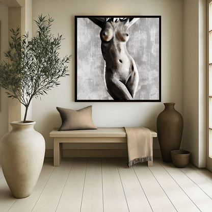 Courage in the Flesh figurative artwork shown in a softly lit modern living space with neutral tones