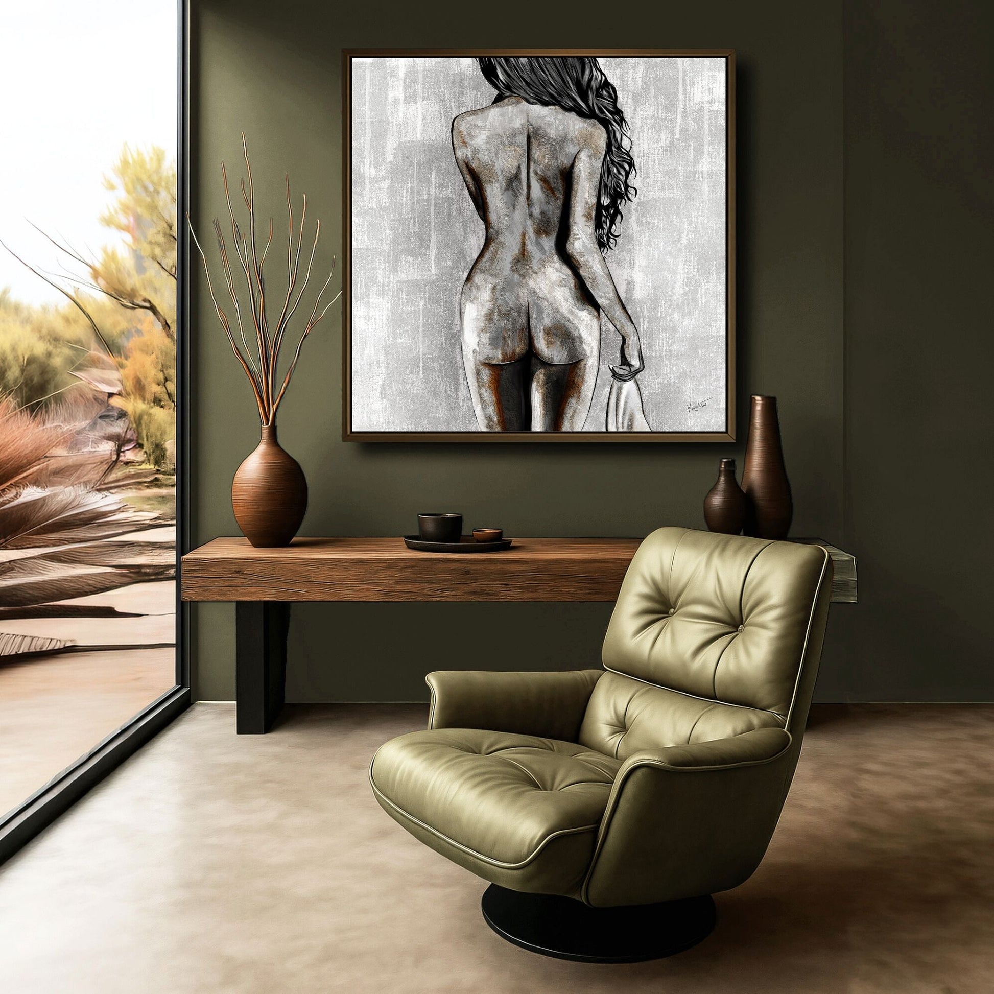 Figurative artwork styled in a quiet, earth toned interior with natural light