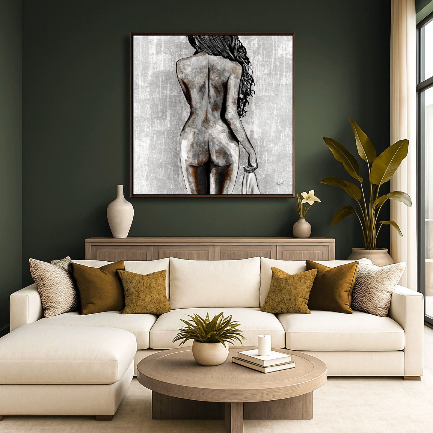 Embodied Empowerment figurative artwork shown in a softly lit modern living space with earthy tones