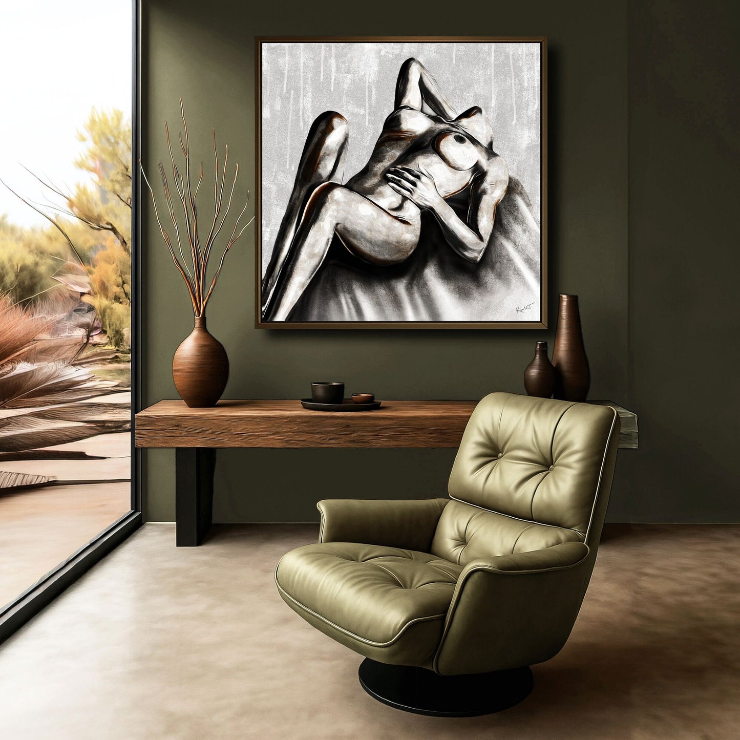 Figurative artwork styled in a quiet, minimalist interior with warm, earthy tones