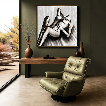 Figurative artwork styled in a quiet, minimalist interior with warm, earthy tones