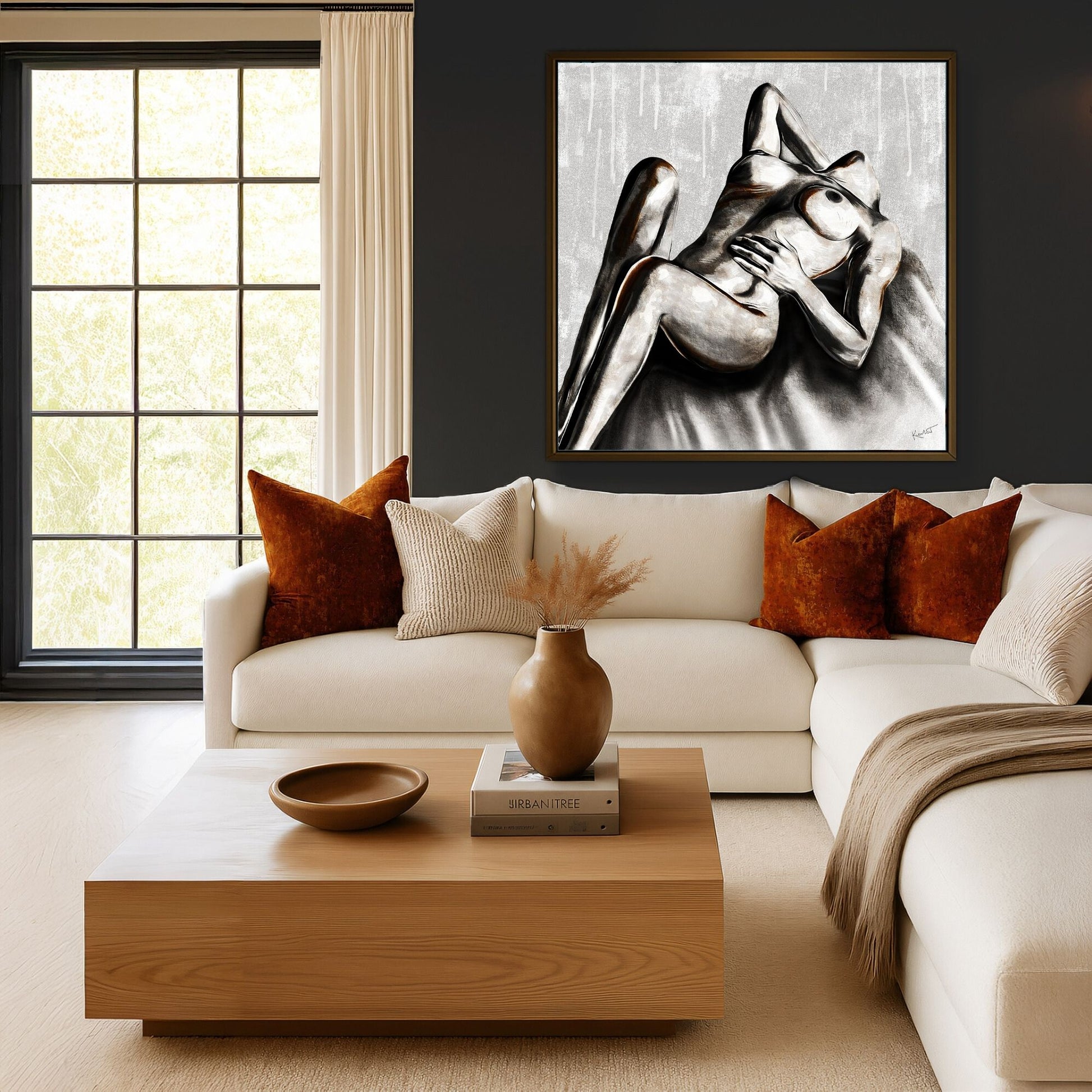 Radiant Independence figurative artwork styled in a contemporary room with warm, understated decor