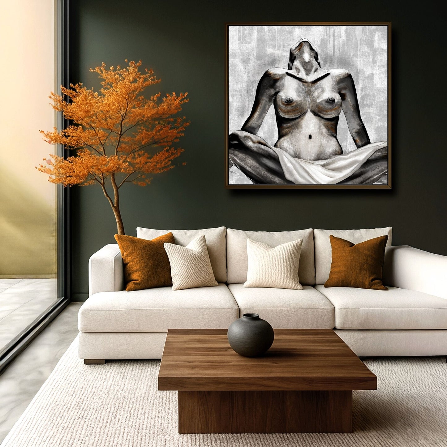 Unapologetic Strength figurative artwork styled in a contemporary room with warm, understated decor