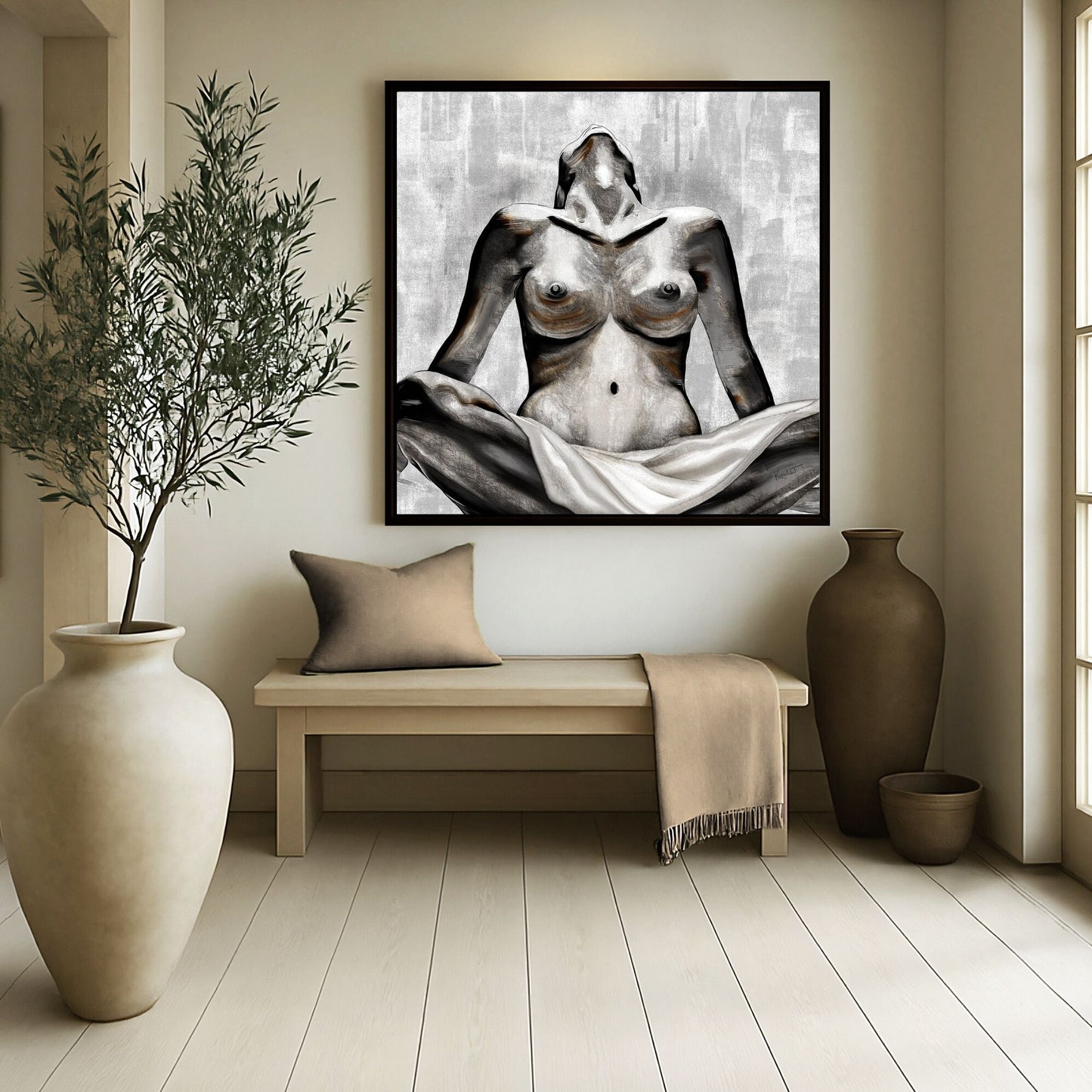 Figurative artwork displayed in a neutral interior with natural light