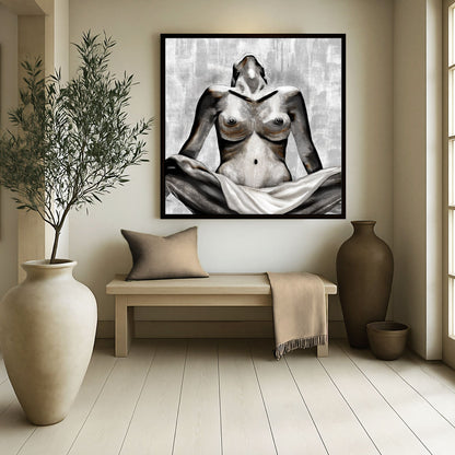 Figurative artwork displayed in a neutral interior with natural light